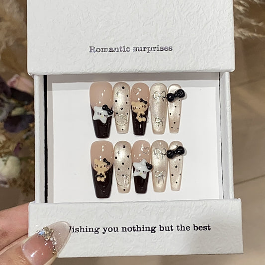 Handmade nails,sweet style nails,pink and black,cat eye armor,polka dot,bow and cat on nails,long coffin,  aily banquets are acceptable,for everyone