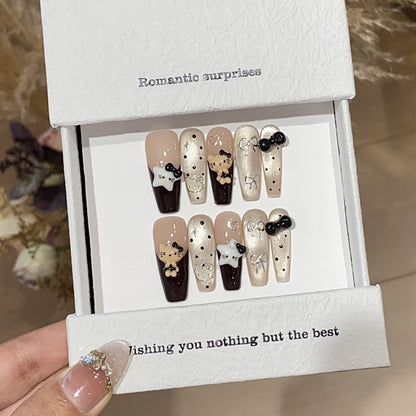 Handmade nails,sweet style nails,pink and black,cat eye armor,polka dot,bow and cat on nails,long coffin,  aily banquets are acceptable,for everyone