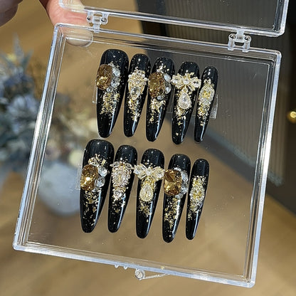 Handmade nails,blackness nails,black,extra long coffin,queen's scepter,zircon,reusable,aily banquets are acceptable,for everyone