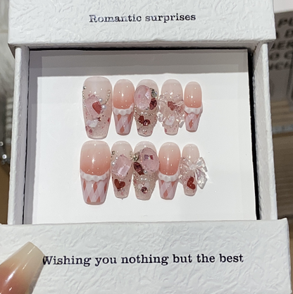 Handmade nails,sweet style nails,pink,long square,cream , silk ribbon and butterfly on the nails,reusable,for everyone