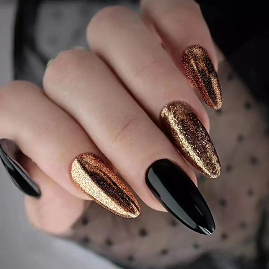24pcs blackness nails,black and gold colour,shining  design,almond,reusable,for women girls