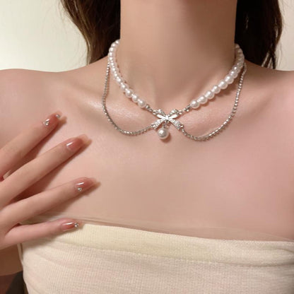 Luxury jewelry, pearl alloy, double necklace, silver, for everyone