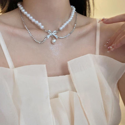 Luxury jewelry, pearl alloy, double necklace, silver, for everyone