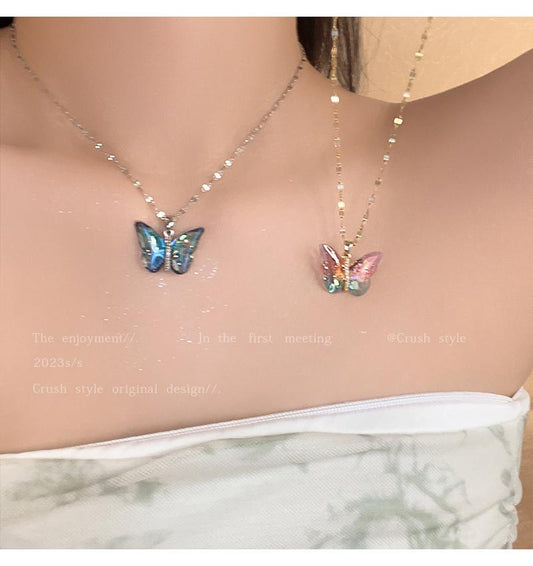 Luxury jewelry, alloy, necklace butterfly shape, pink blue, suitable for everyone