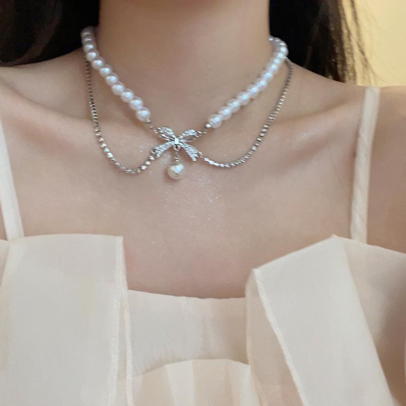 Luxury jewelry, pearl alloy, double necklace, silver, for everyone