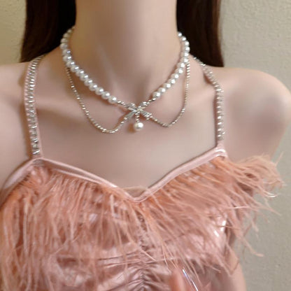 Luxury jewelry, pearl alloy, double necklace, silver, for everyone