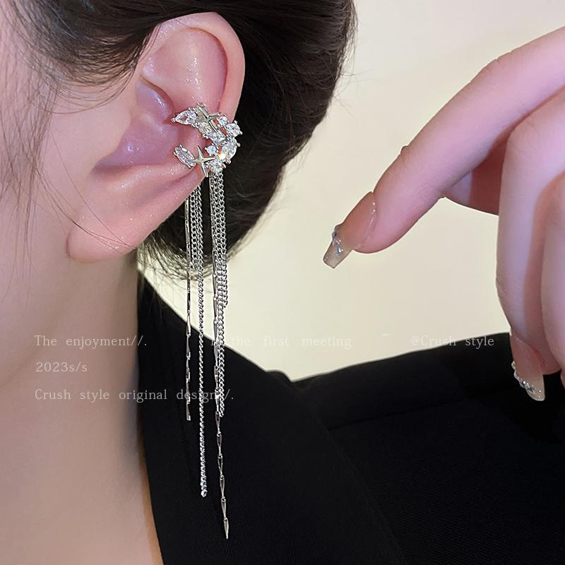 Luxury jewelry, zircon alloy, tassel ear clips, silver, for everyone