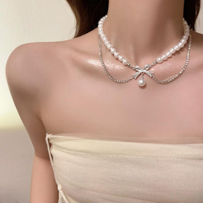 Luxury jewelry, pearl alloy, double necklace, silver, for everyone