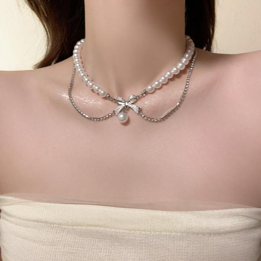 Luxury jewelry, pearl alloy, double necklace, silver, for everyone