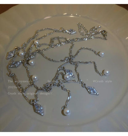 Luxury jewelry, zircon alloy, double necklace waist chain, silver, suitable for everyone