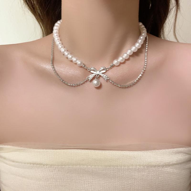 Luxury jewelry, pearl alloy, double necklace, silver, for everyone