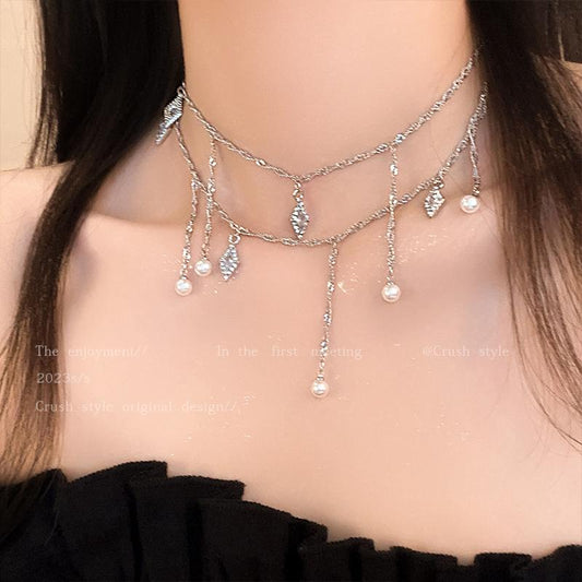 Luxury jewelry, zircon alloy, double necklace waist chain, silver, suitable for everyone