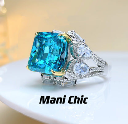 12 carat Aquamarine Diamond Ring, Summer Large rock Sugar, 925 sterling silver Gold plated, high carbon diamond, colored gemstone ring