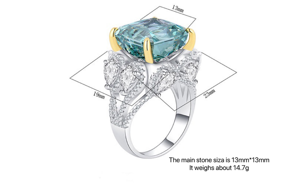 12 carat Aquamarine Diamond Ring, Summer Large rock Sugar, 925 sterling silver Gold plated, high carbon diamond, colored gemstone ring