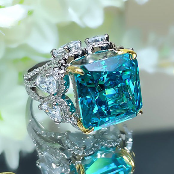 12 carat Aquamarine Diamond Ring, Summer Large rock Sugar, 925 sterling silver Gold plated, high carbon diamond, colored gemstone ring