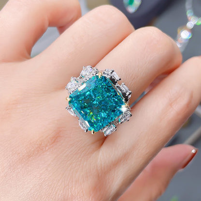 12 carat Aquamarine Diamond Ring, Summer Large rock Sugar, 925 sterling silver Gold plated, high carbon diamond, colored gemstone ring